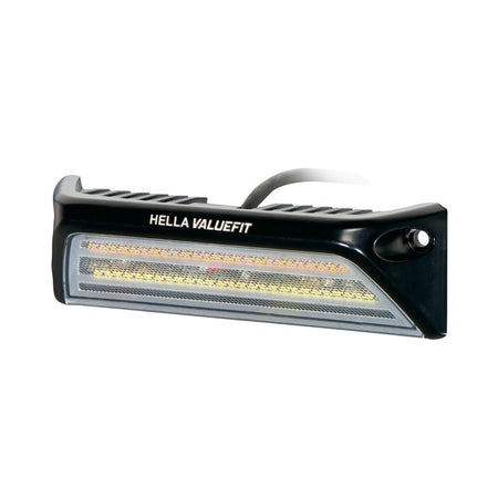 HELLA X-Treme Series LED Driving Lights in amber mode, rugged aluminum housing, IP69K, auxiliary high-beam, off-road ready.