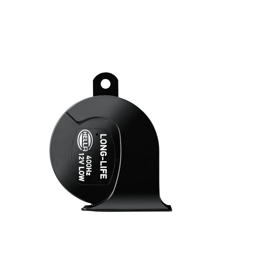 Black HELLA Long-Life 400Hz 12V low tone trumpet electric horn with mounting bracket.