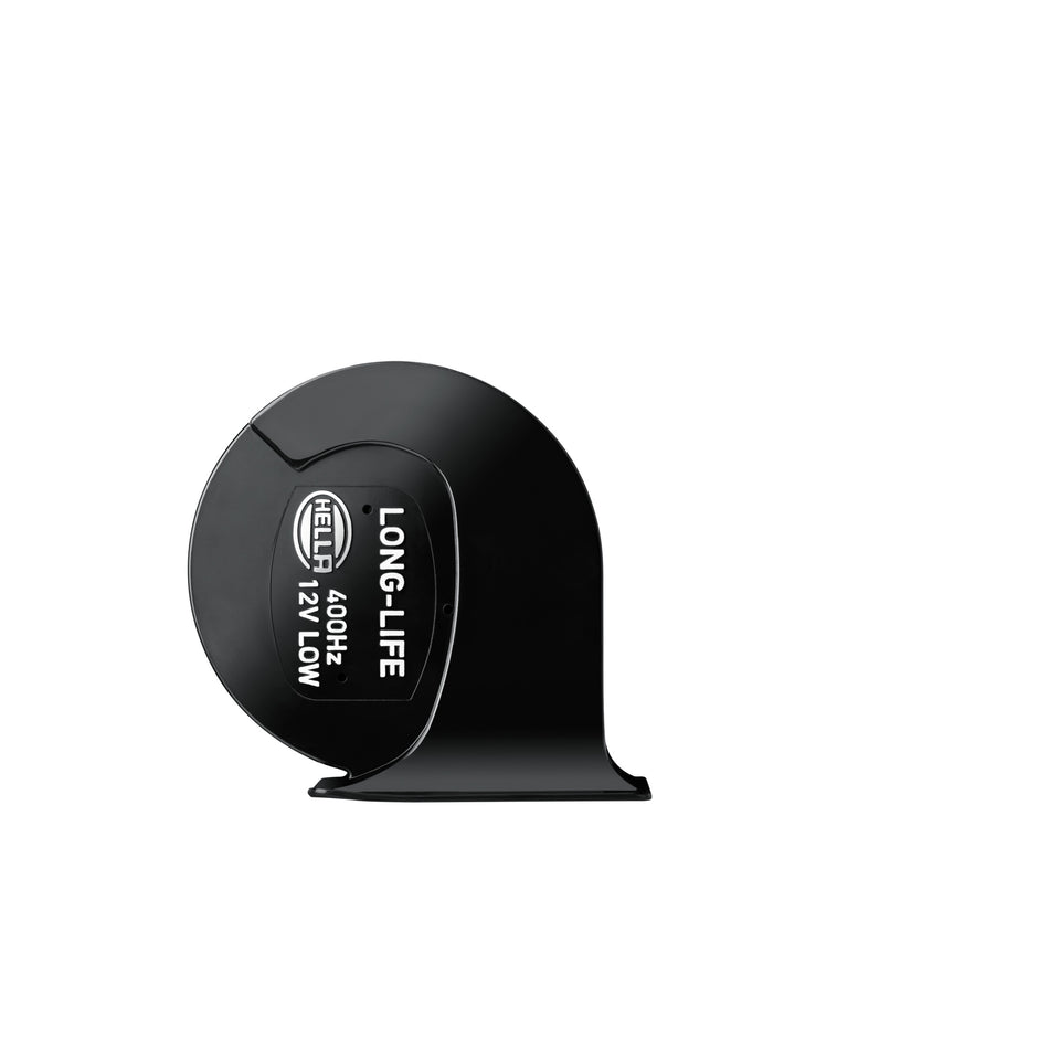 Black HELLA TE40 LONG-LIFE 12V LOW electric trumpet horn with 400Hz frequency.