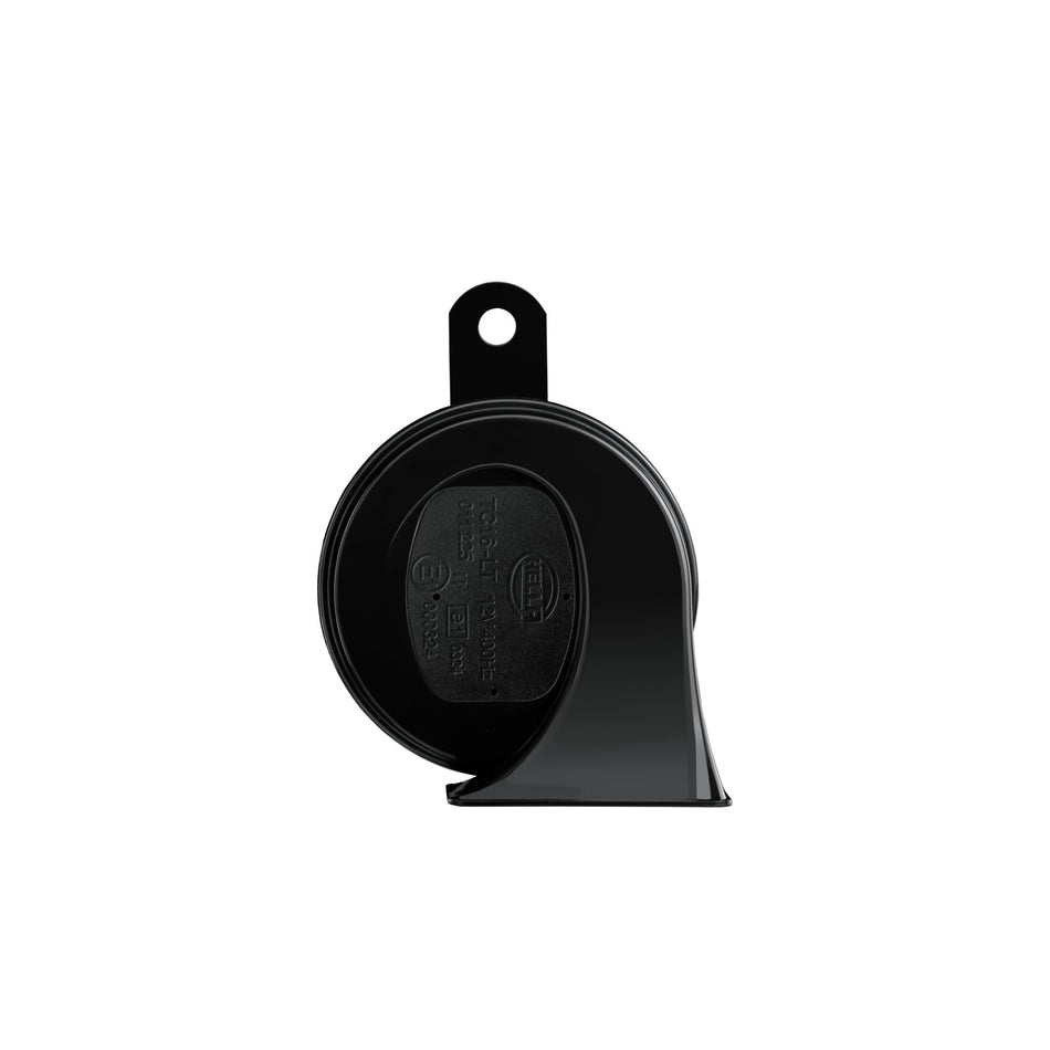 Black HELLA TE20 Trumpet Electric Twin Tone Essential Horn with glossy ABS plastic housing and mounting bracket.