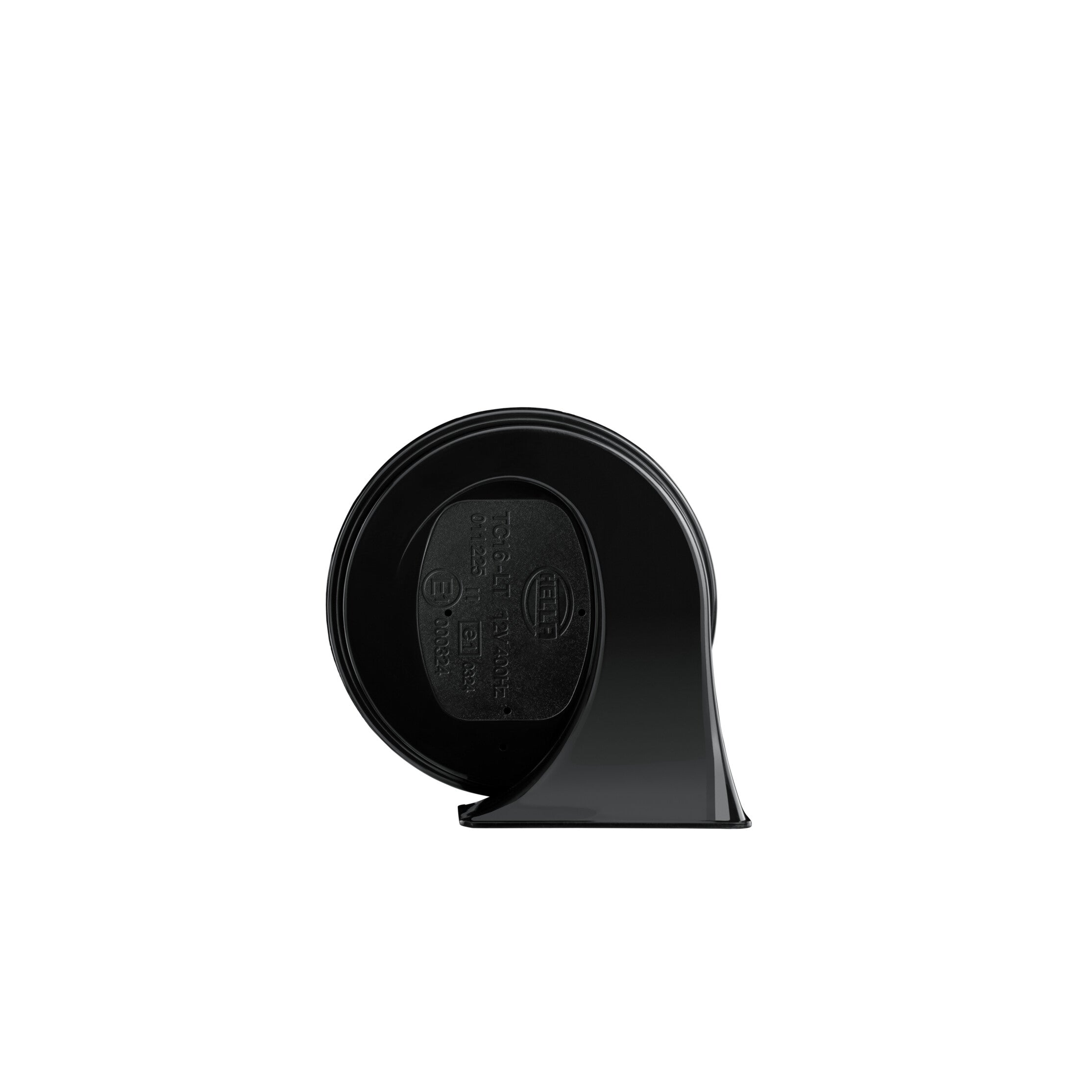 Black HELLA TE20 trumpet electric twin-tone horn with a sleek, glossy ABS plastic housing and visible branding.