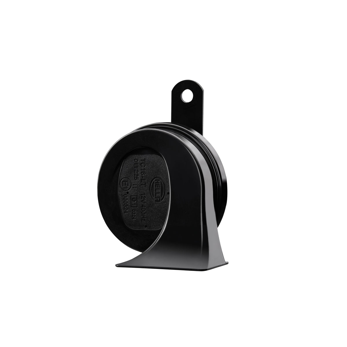 Black HELLA TE20 trumpet electric twin-tone horn with glossy ABS plastic housing and mounting bracket.
