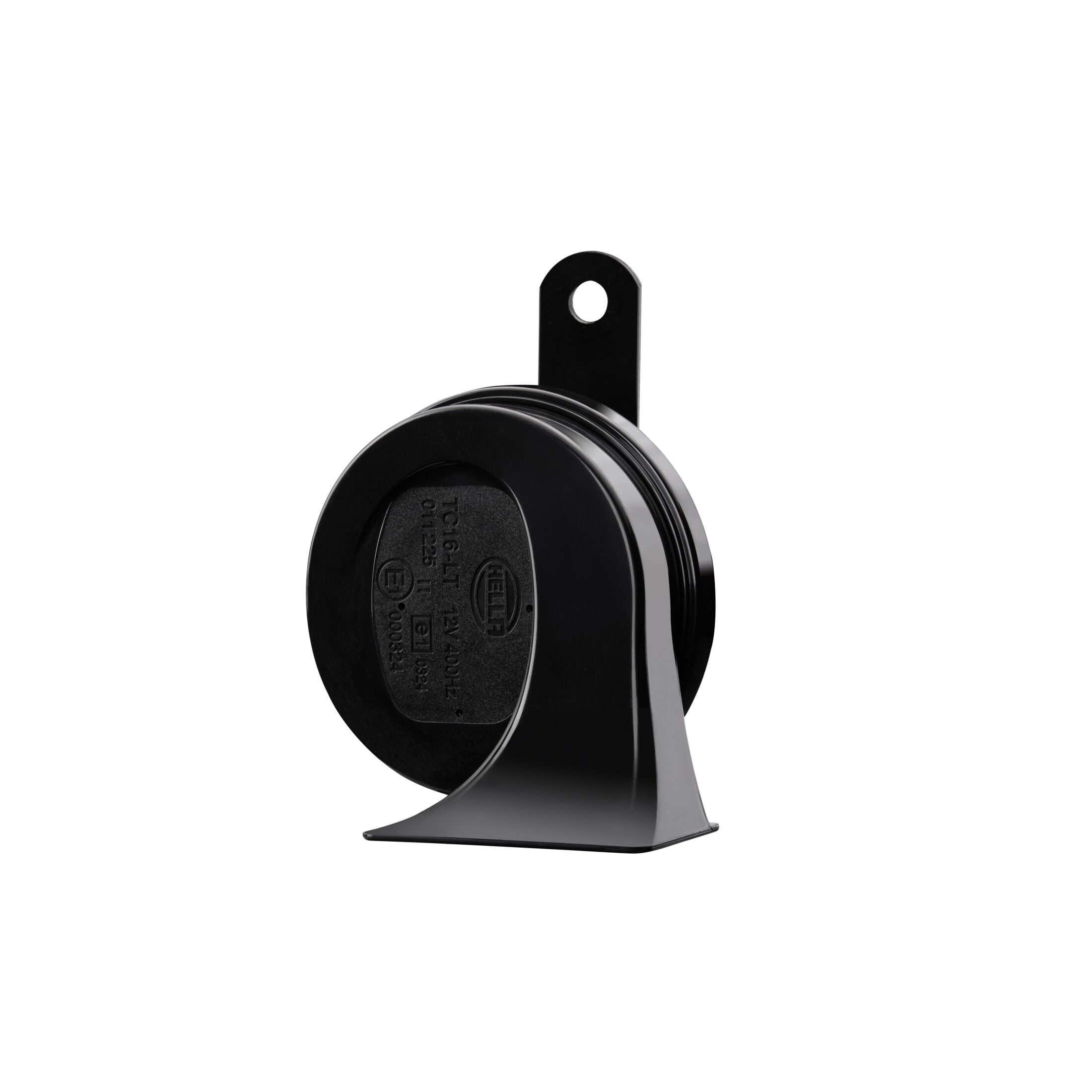 Black HELLA TE20 trumpet electric twin-tone horn with glossy ABS plastic housing and mounting bracket.