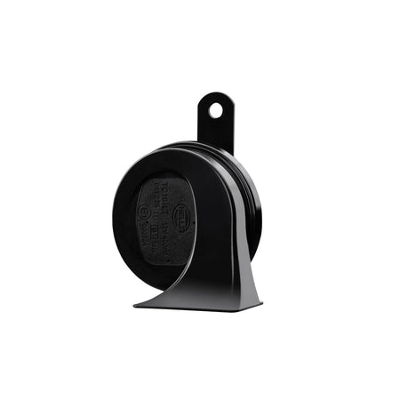 Black HELLA TE20 trumpet electric twin-tone horn with glossy ABS plastic housing and mounting bracket.