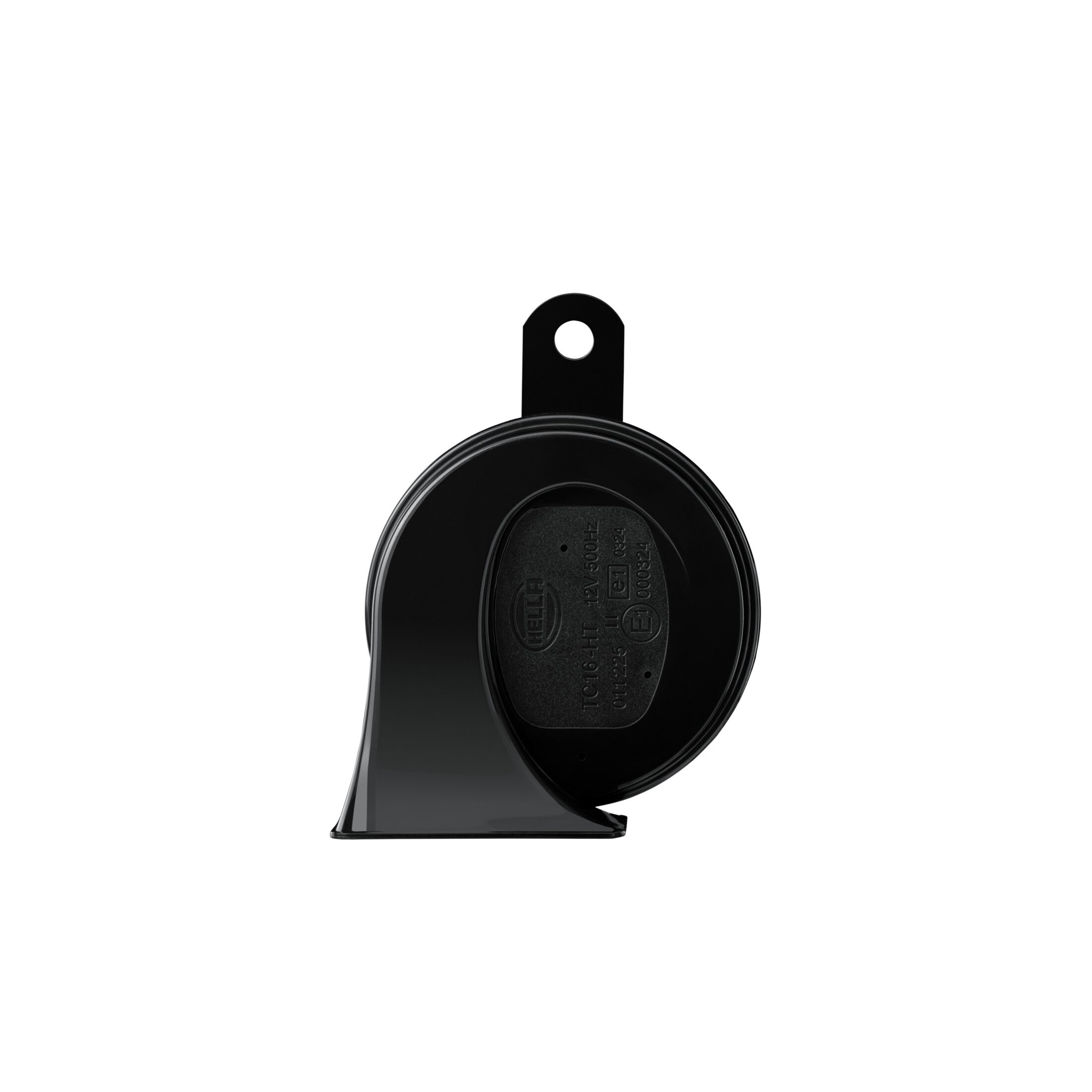 Black HELLA TE20 trumpet electric horn with glossy ABS plastic housing and galvanized mounting bracket.