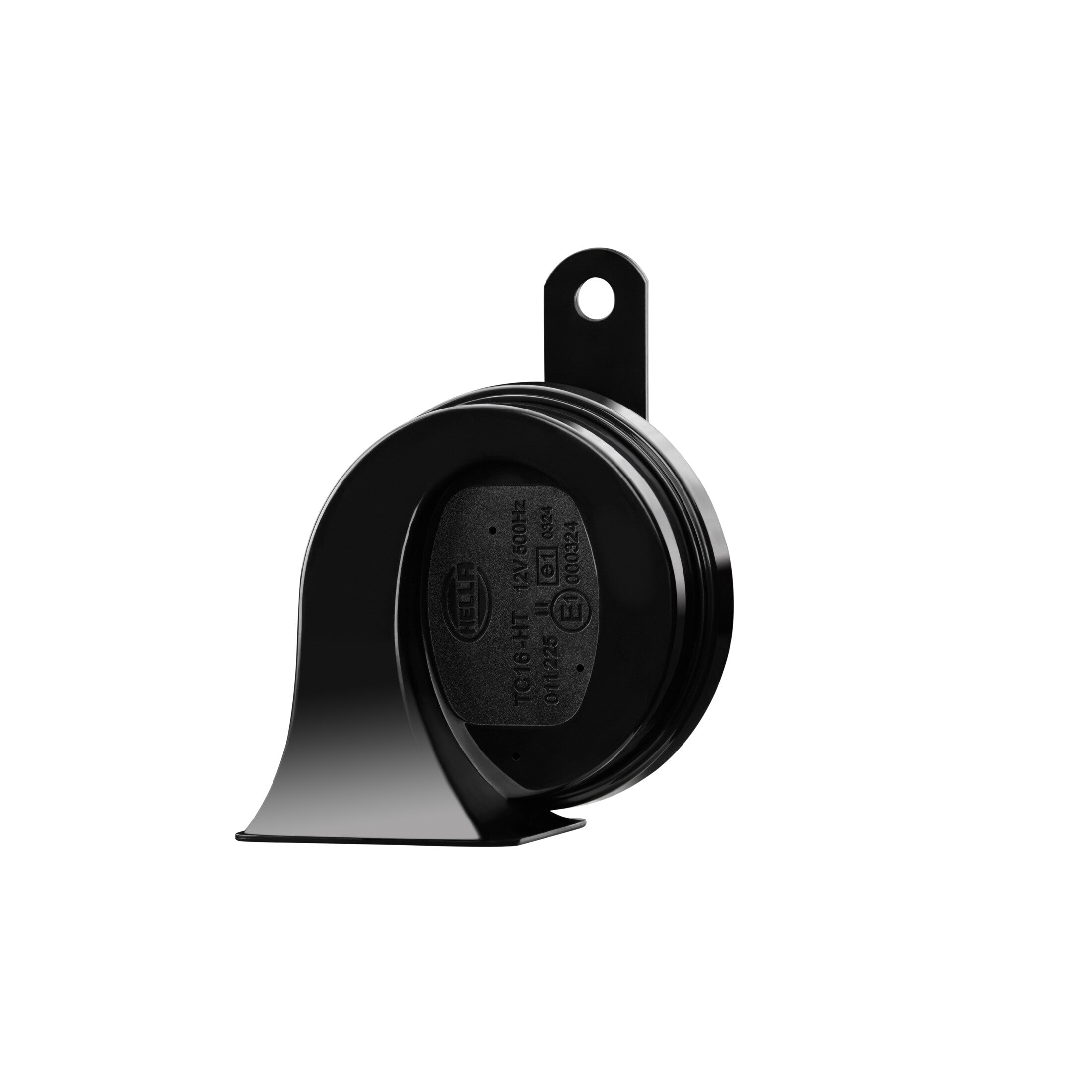 Black HELLA TE20 trumpet electric twin-tone horn with sleek ABS plastic housing and M8 mounting bracket.