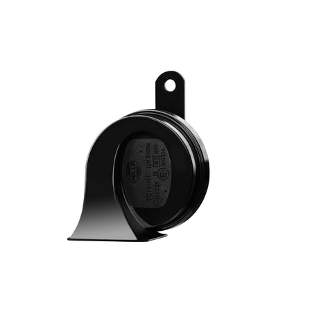 Black HELLA TE20 trumpet electric twin-tone horn with sleek ABS plastic housing and M8 mounting bracket.