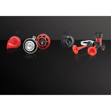 Red and black HELLA twin-tone electric trumpet horns and disc horns with relay.