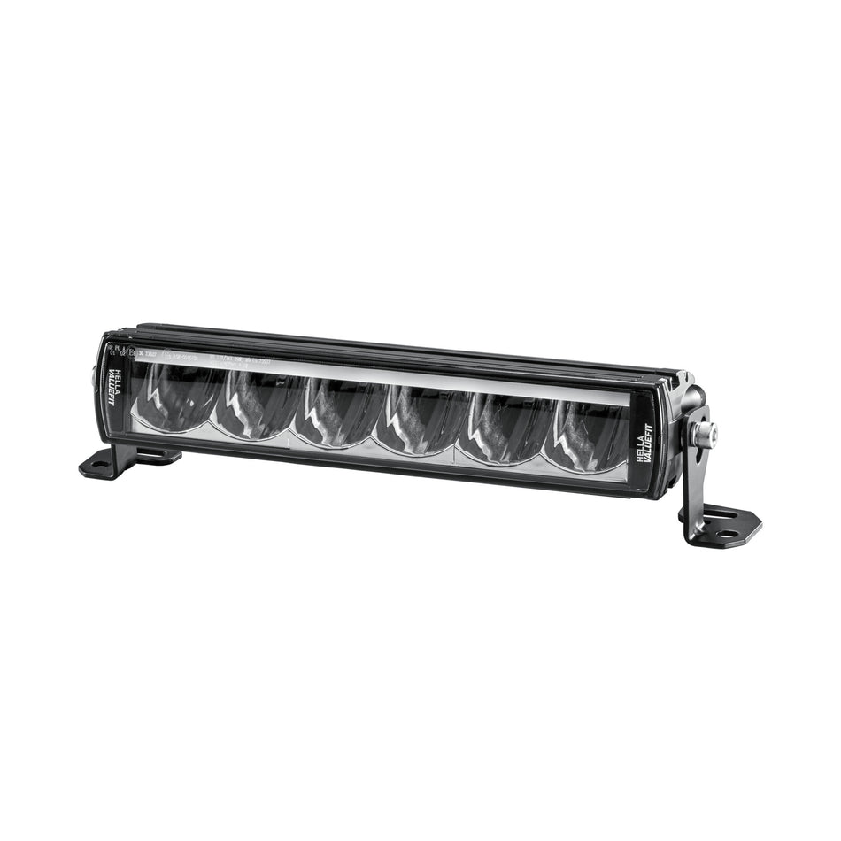 Black LBE Series LED light bar with six clear lenses and sturdy mounting brackets.