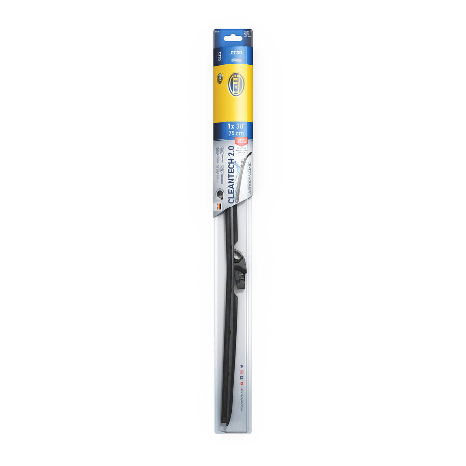 Black Hella Cleantech 2.0 windshield wiper blade in clear and blue packaging, 30 inches (75 cm).