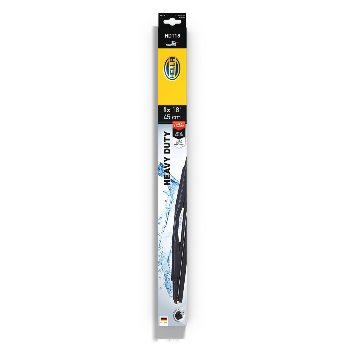 Black Hella Heavy Duty 18-inch windshield wiper blade in retail packaging with water splash graphic.