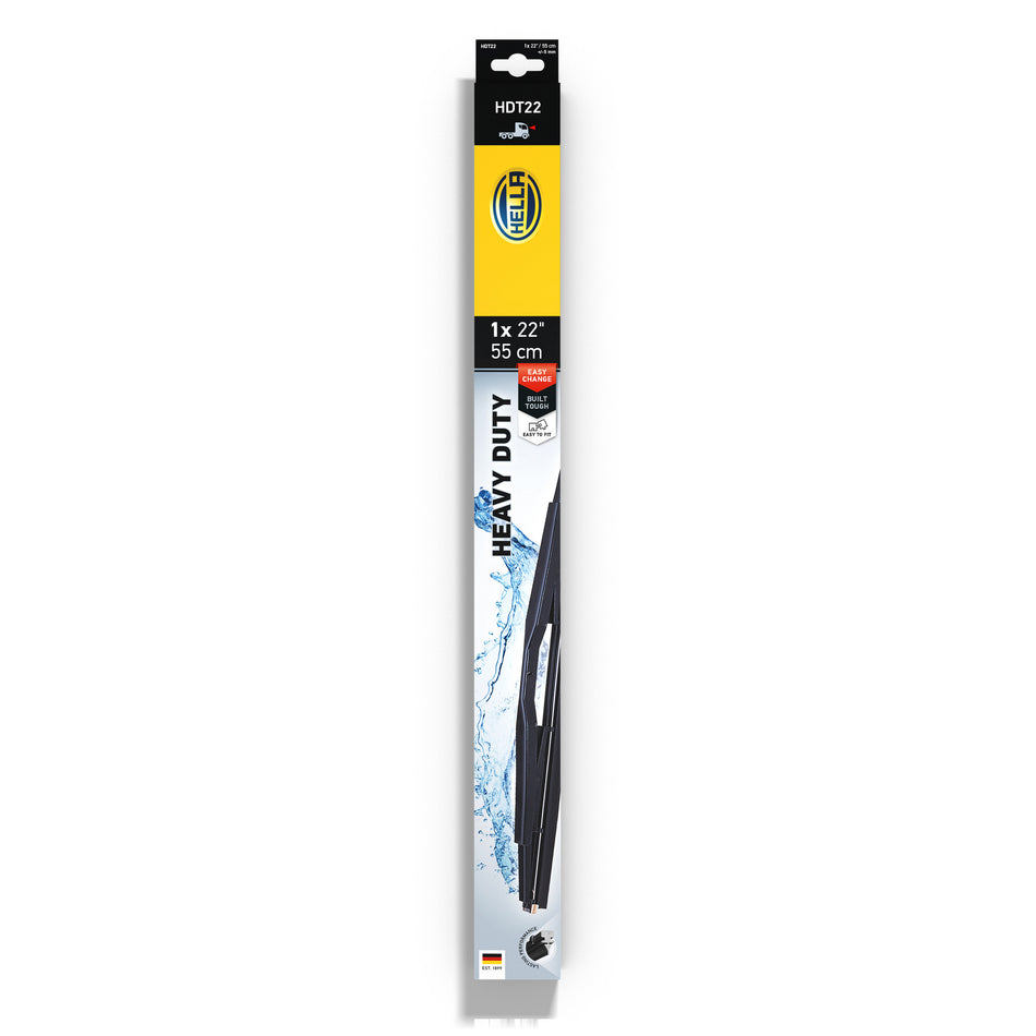 Hella HDT22 22-inch heavy-duty black windshield wiper blade in retail packaging with water splash graphic.