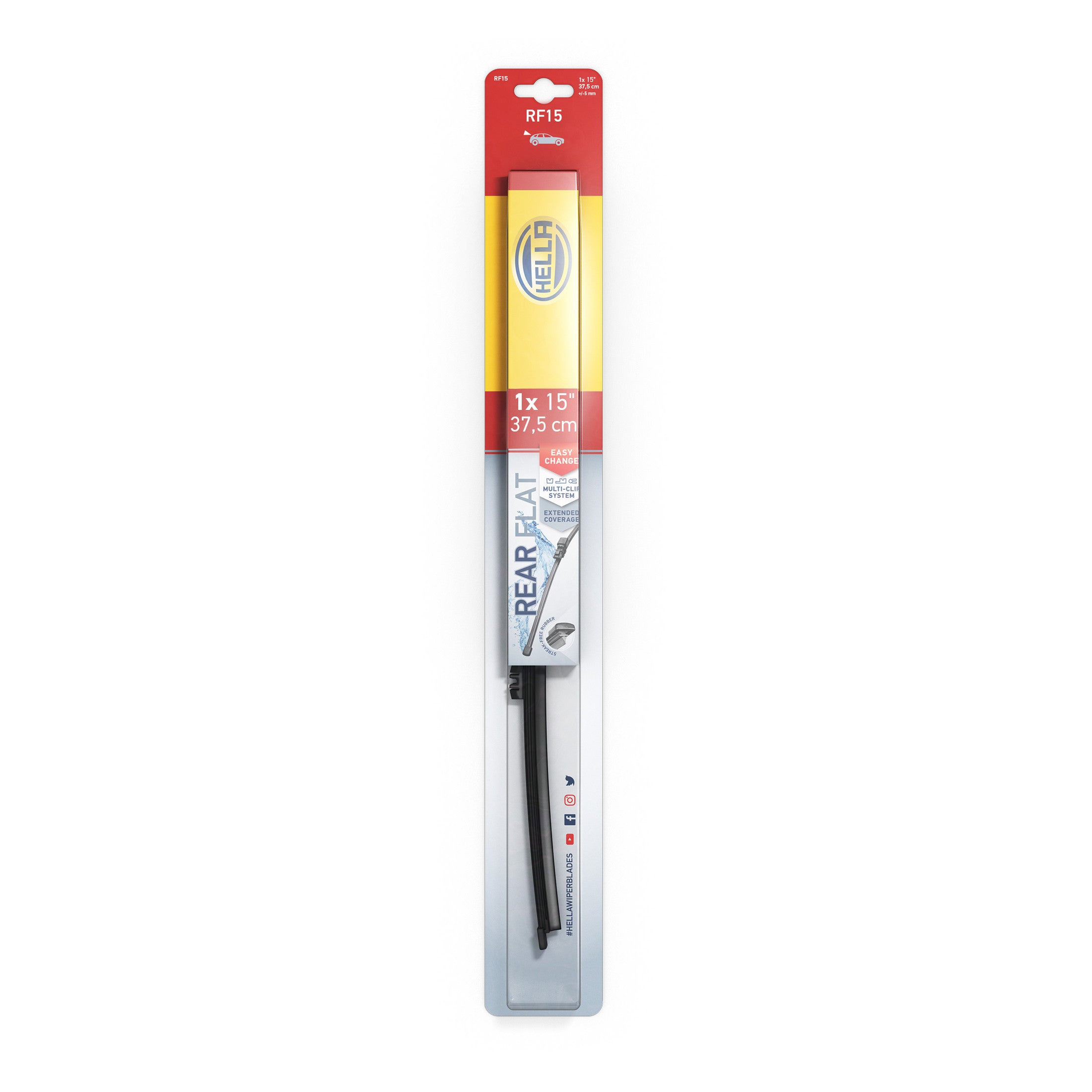 Black Hella Rear Flat 15-inch (37.5 cm) windshield wiper blade in retail packaging.