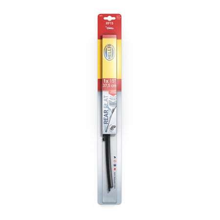Black Hella Rear Flat 15-inch (37.5 cm) windshield wiper blade in retail packaging.