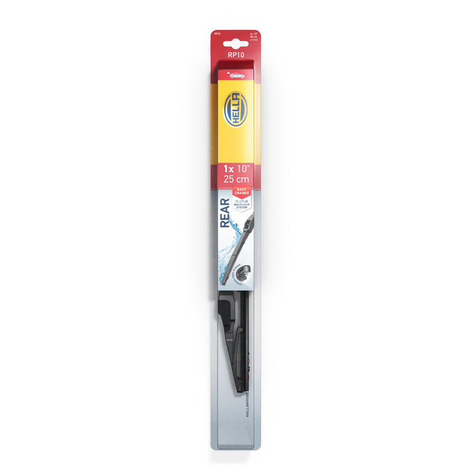 Hella RP10 10-inch rear windshield wiper blade in red and yellow packaging, showing easy installation.
