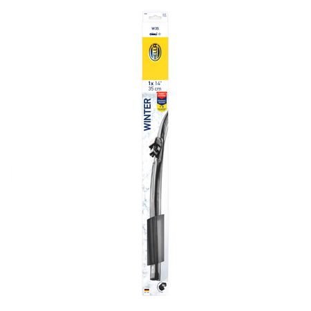 Black Hella Winter 14-inch (35 cm) flat windshield wiper blade in retail packaging.