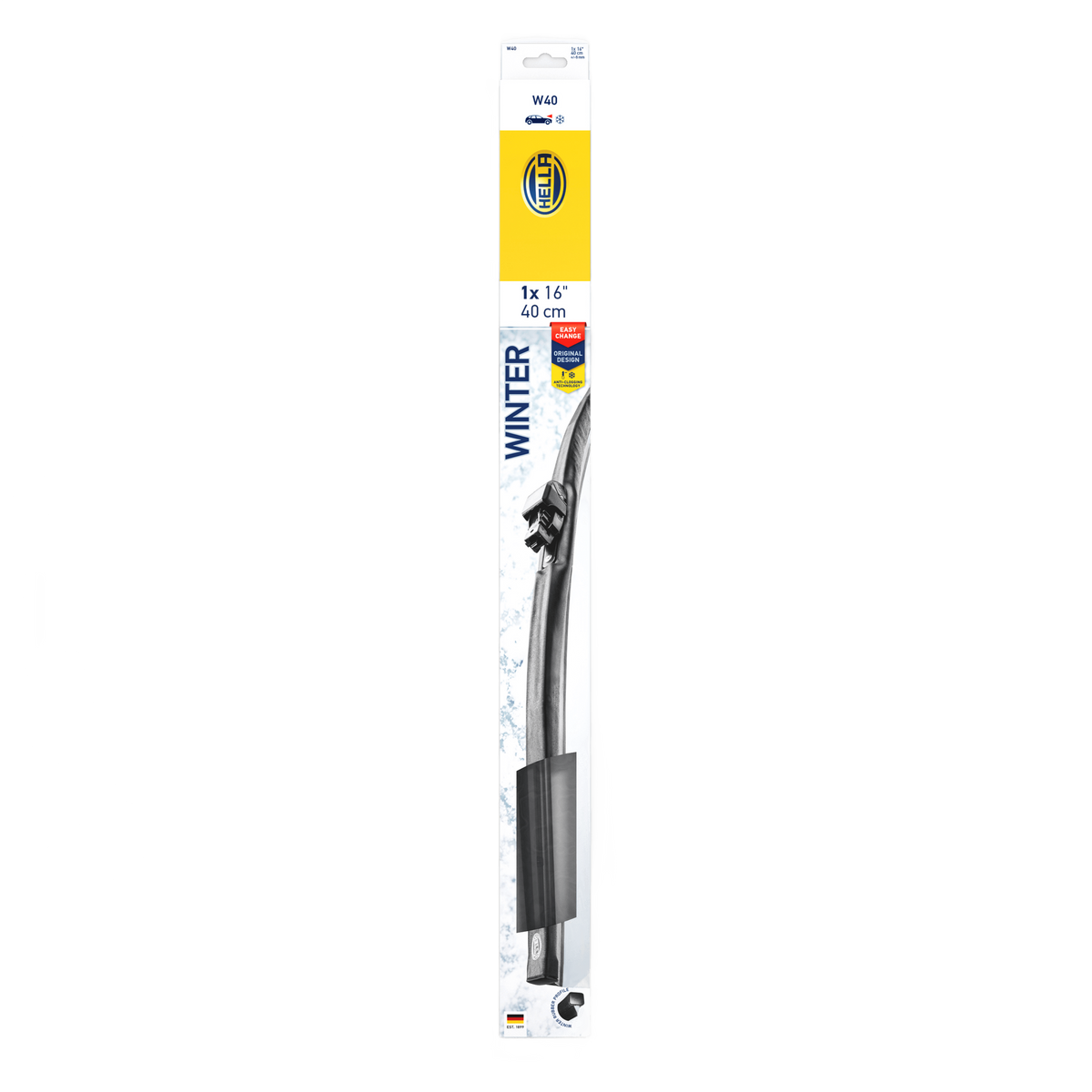 Black Hella Winter Flat Wiper Blade, 16-inch (40 cm), in retail packaging with yellow and blue branding.