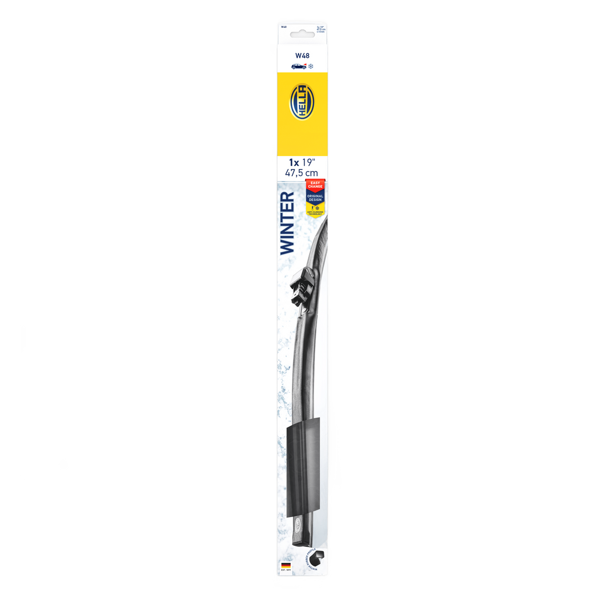 Black Hella Winter Flat 19-inch windshield wiper blade in packaging, showing its sleek design and winter features.