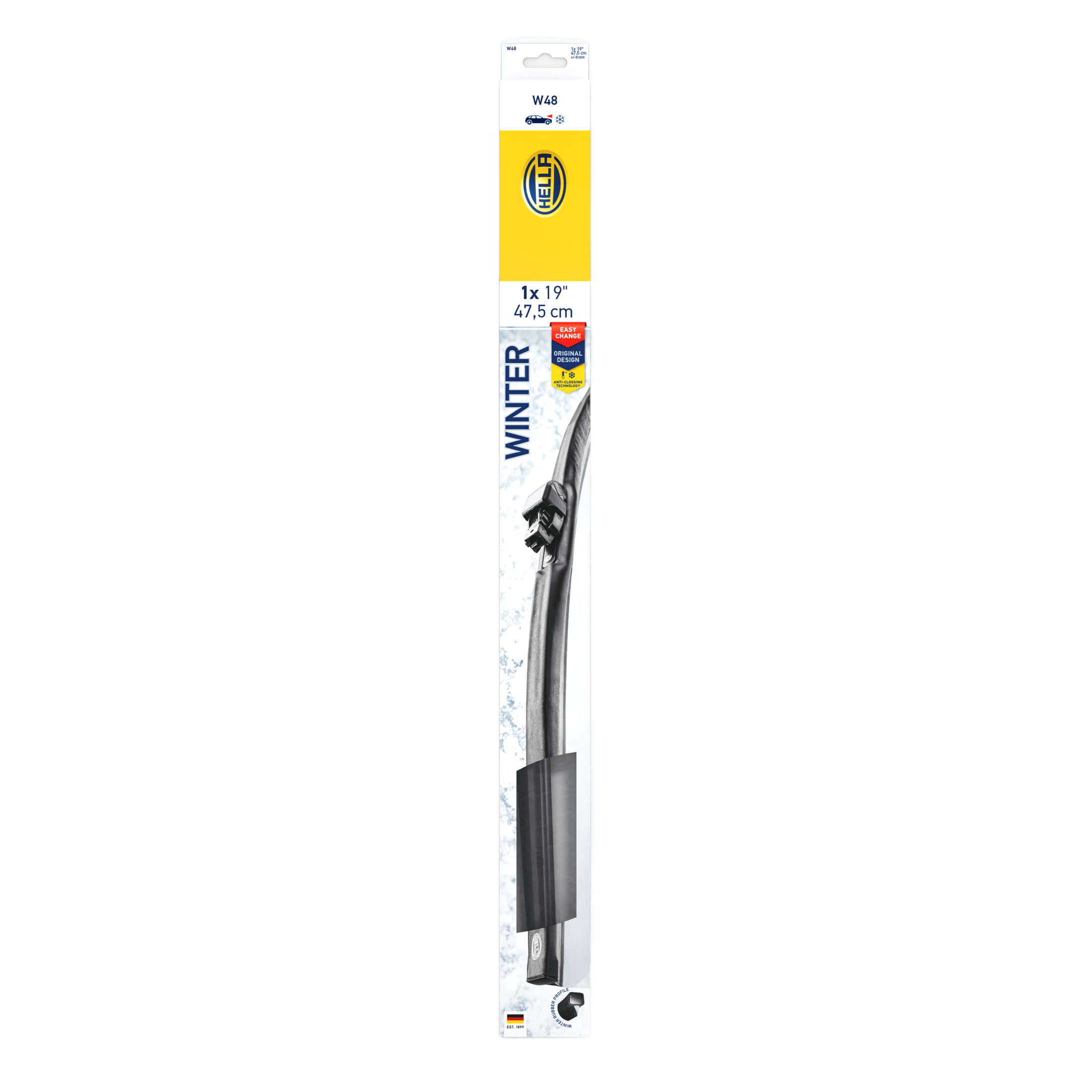 Black Hella Winter Flat 19-inch windshield wiper blade in packaging, showing its sleek design and winter features.