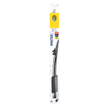 Black Hella Winter Flat 19-inch windshield wiper blade in packaging, showing its sleek design and winter features.