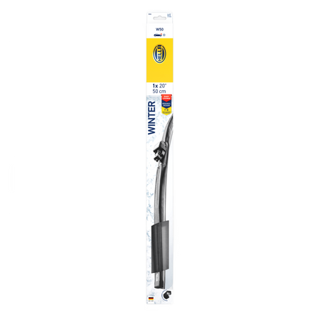Black Hella 20-inch winter flat windshield wiper blade in retail packaging.