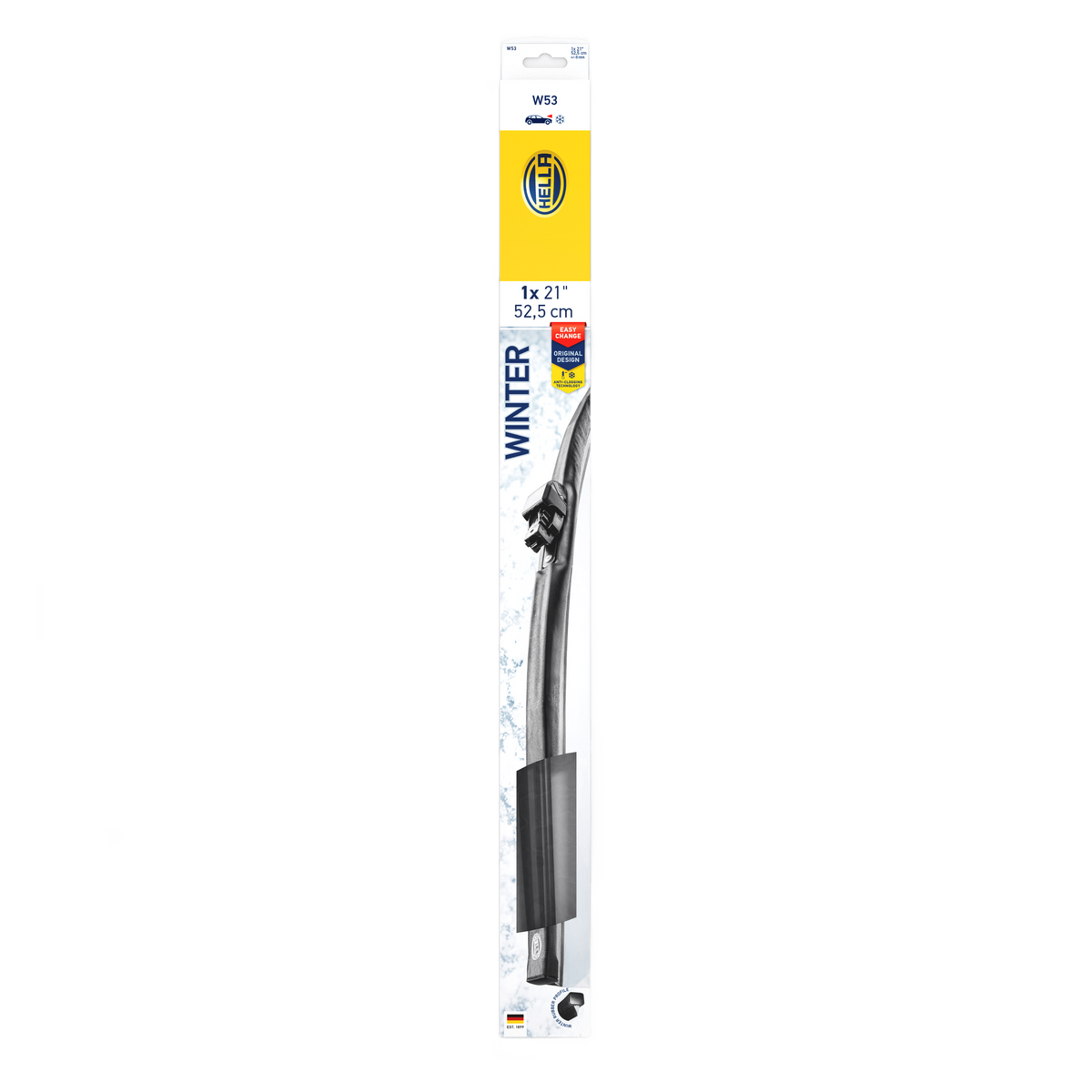 Hella Winter Flat Wiper Blade, 21-inch, in clear packaging with yellow and blue branding.
