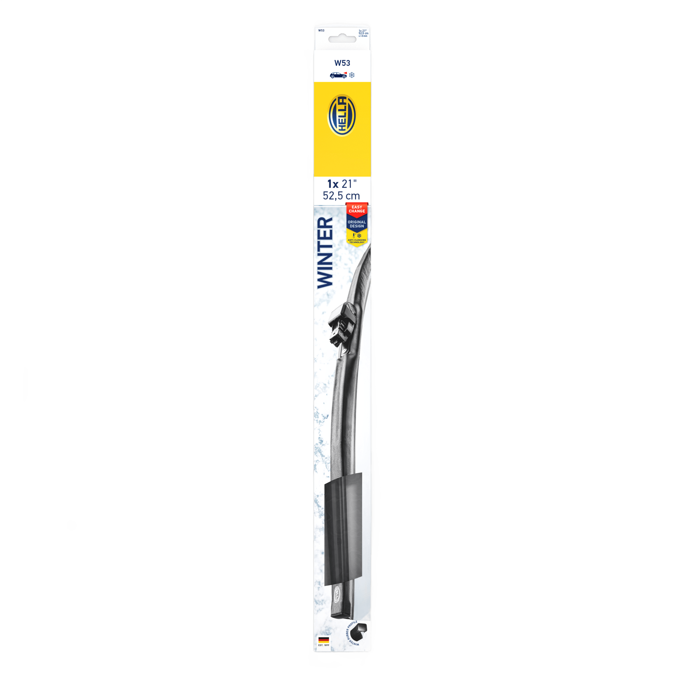 Hella Winter Flat Wiper Blade, 21-inch, in clear packaging with yellow and blue branding.