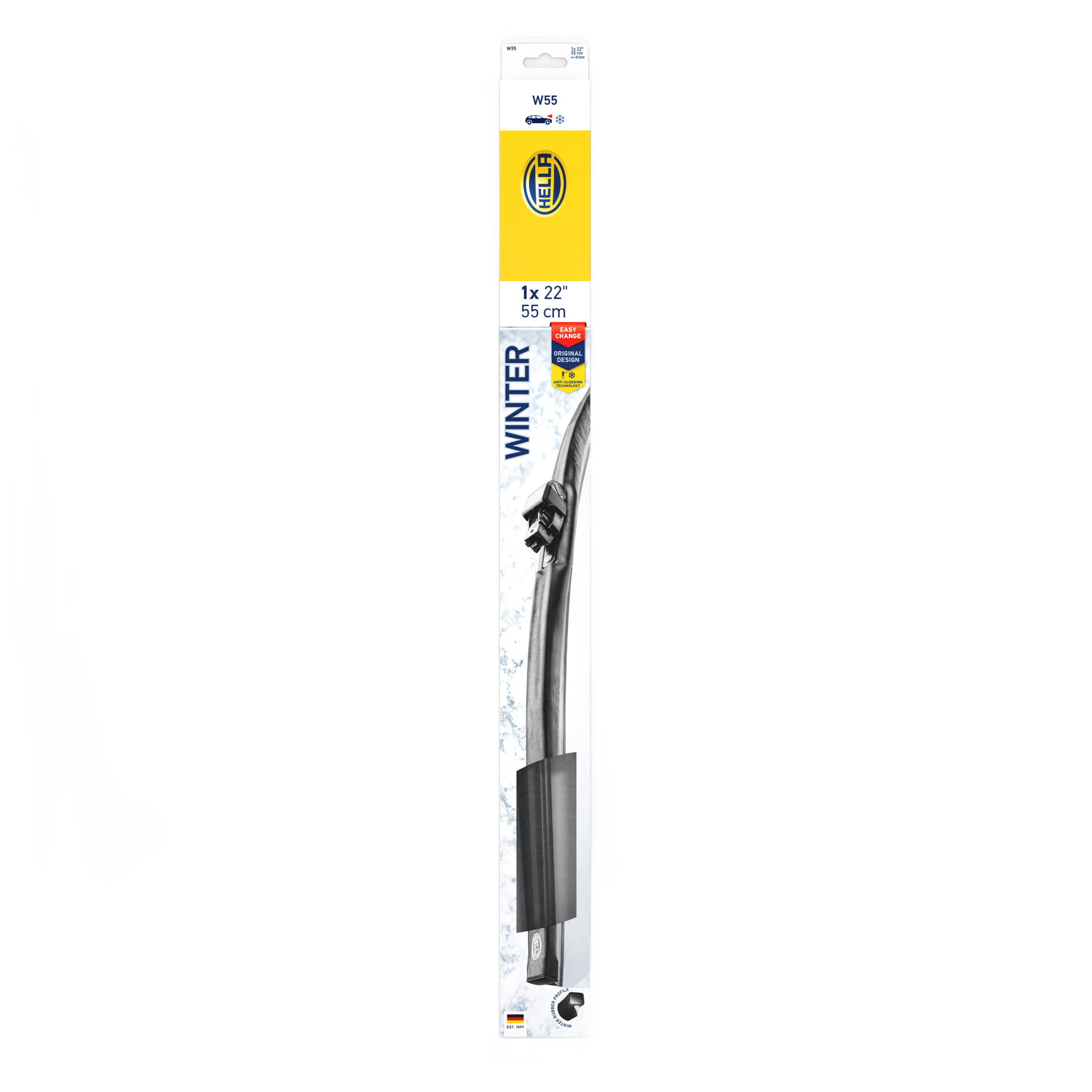 Black Hella Winter Flat 22-inch windshield wiper blade in retail packaging with yellow and blue branding.
