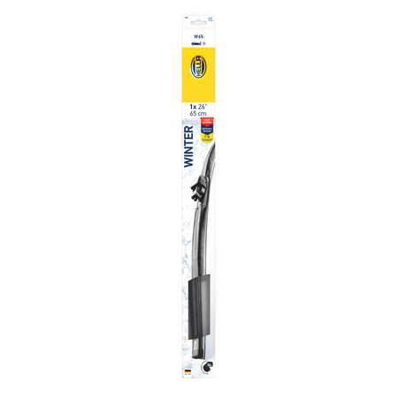 Black Hella Winter Flat 26-inch windshield wiper blade in packaging, designed for all-season reliability.