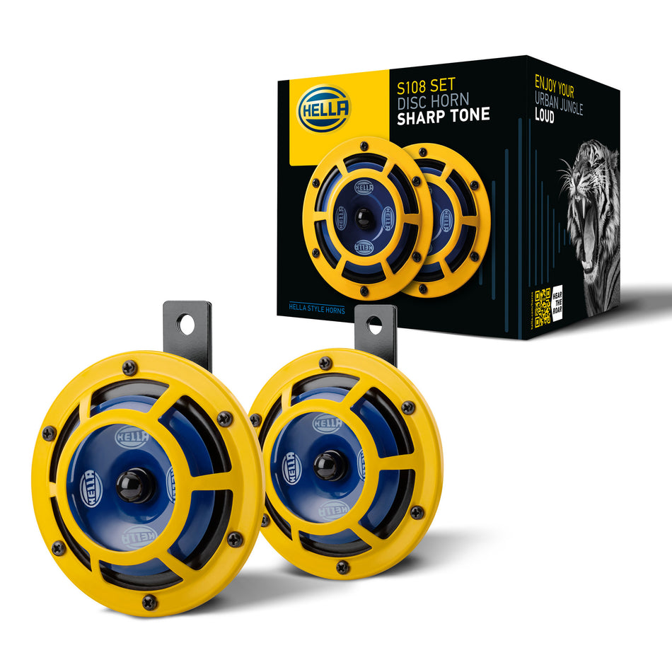 HELLA Sharptone Horn Kit with two yellow and blue disc horns, black brackets, and product packaging.