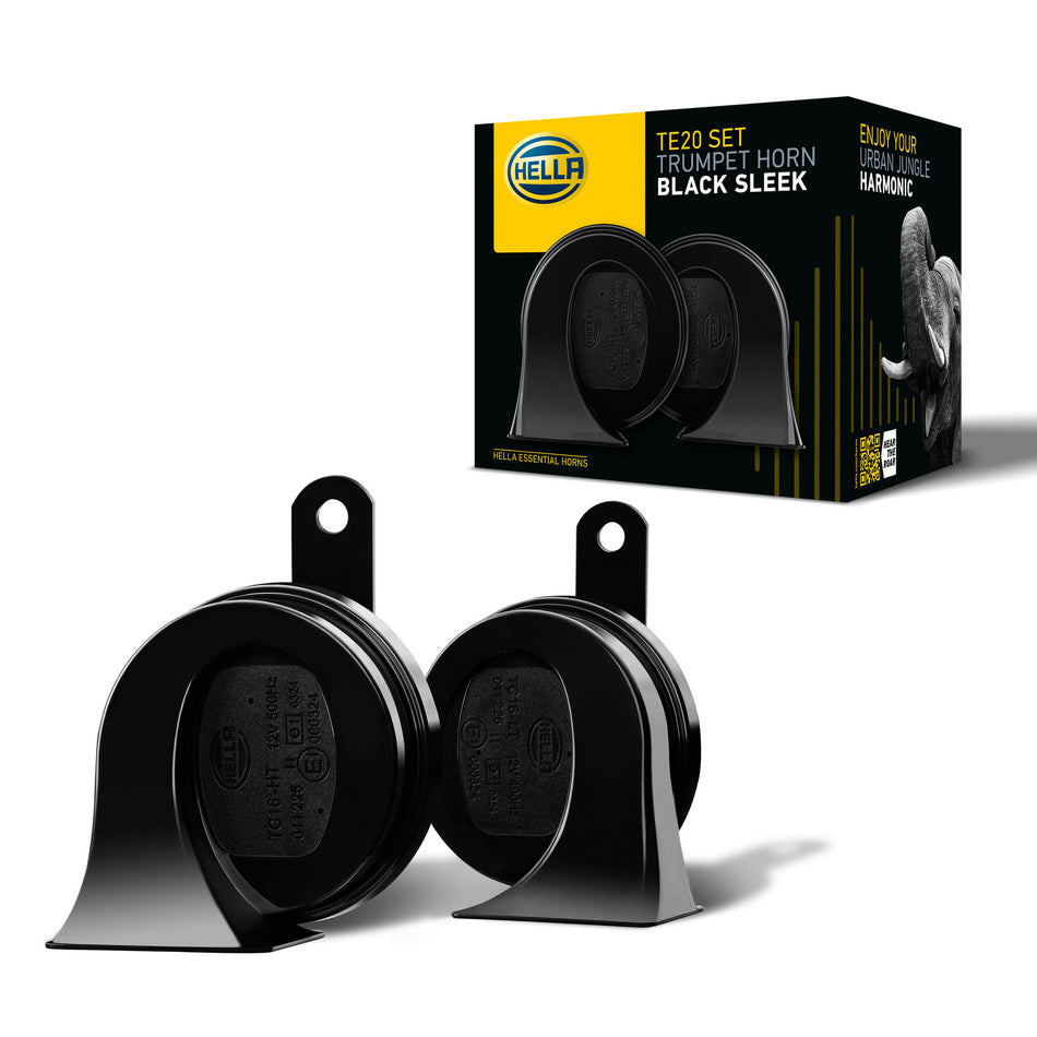 Two black HELLA TE20 trumpet horns with glossy ABS plastic housing and mounting brackets, beside their black and yellow packaging.