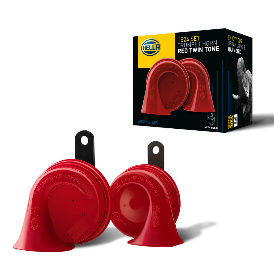 Red HELLA TE24 twin-tone trumpet horns with black mounting brackets, packaged in a black and red box.