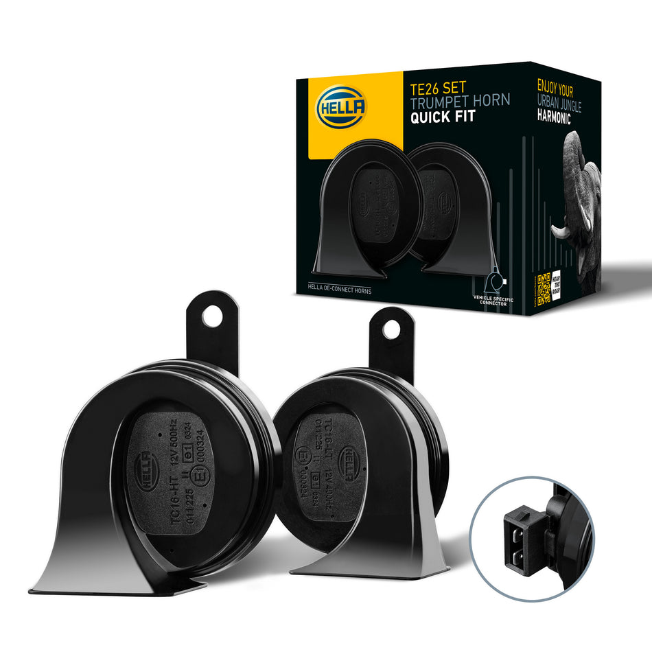 Two black HELLA TE26 OE Connection car horns with a quick-fit connector, alongside their product box.