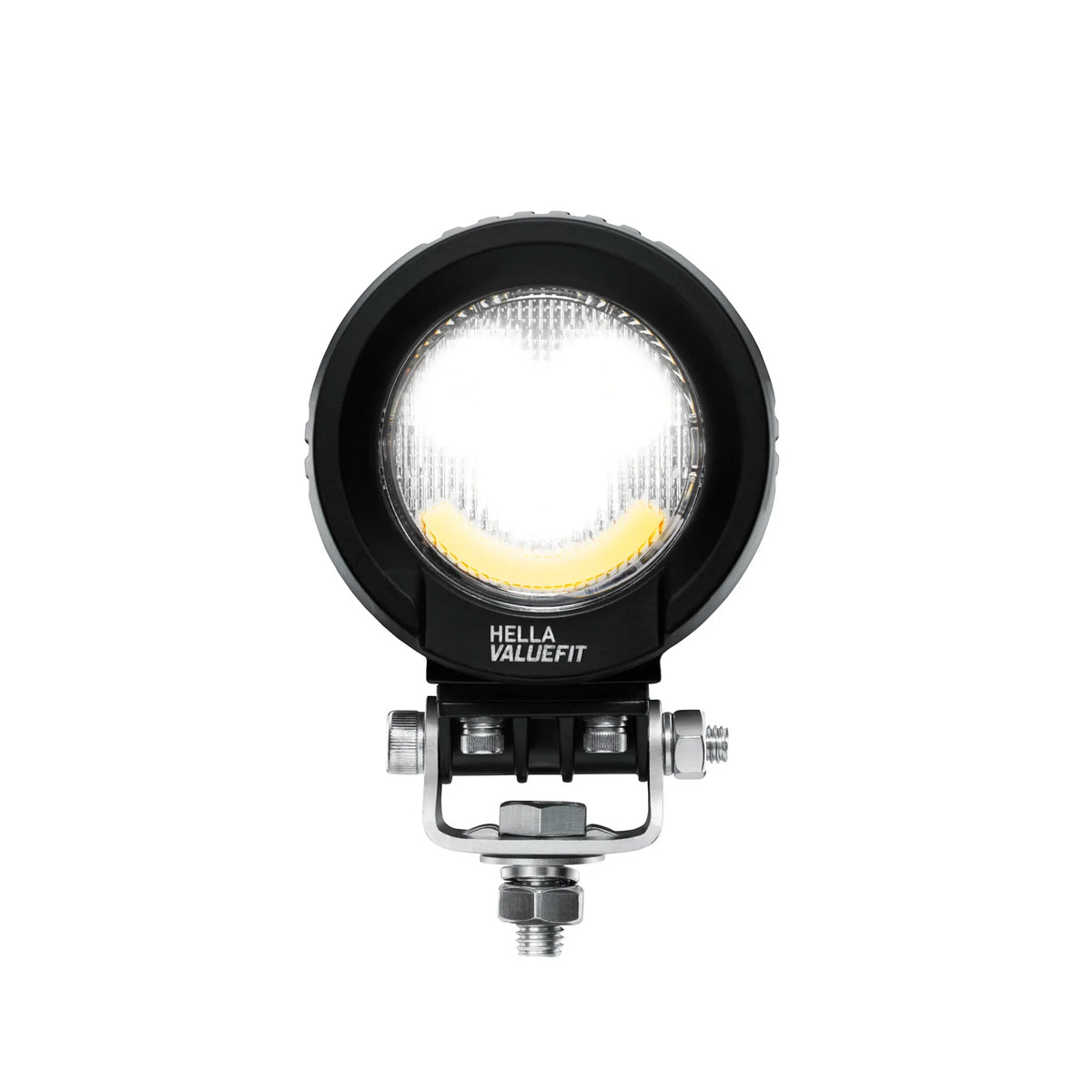 HELLA X-Treme Series IP69K LED Driving Lights in white mode, X-shape position light, rugged housing, auxiliary high-beam for off-road use.