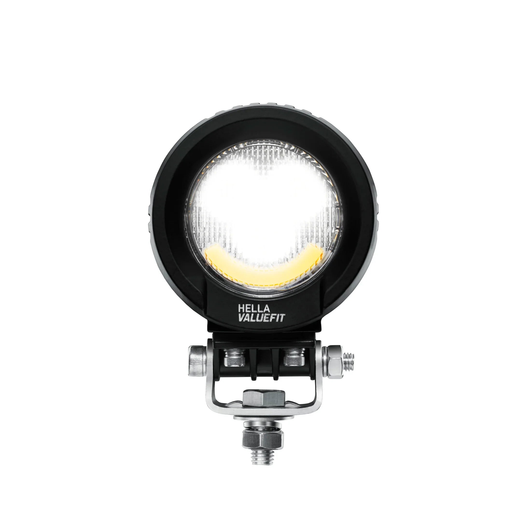 HELLA X-Treme Series IP69K LED Driving Lights in white mode, X-shape position light, rugged housing, auxiliary high-beam for off-road use.