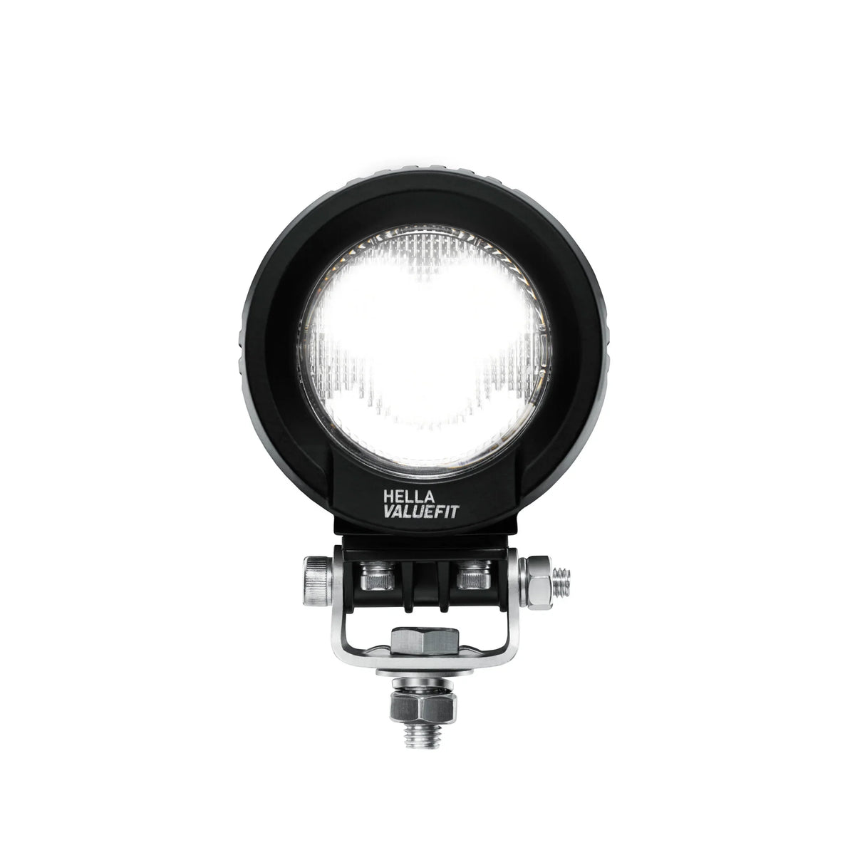 HELLA X-Treme Series LED Driving Lights in white mode, IP69K, with X-shape position light, rugged aluminum housing, clear lens, auxiliary high-beam, off-road ready.
