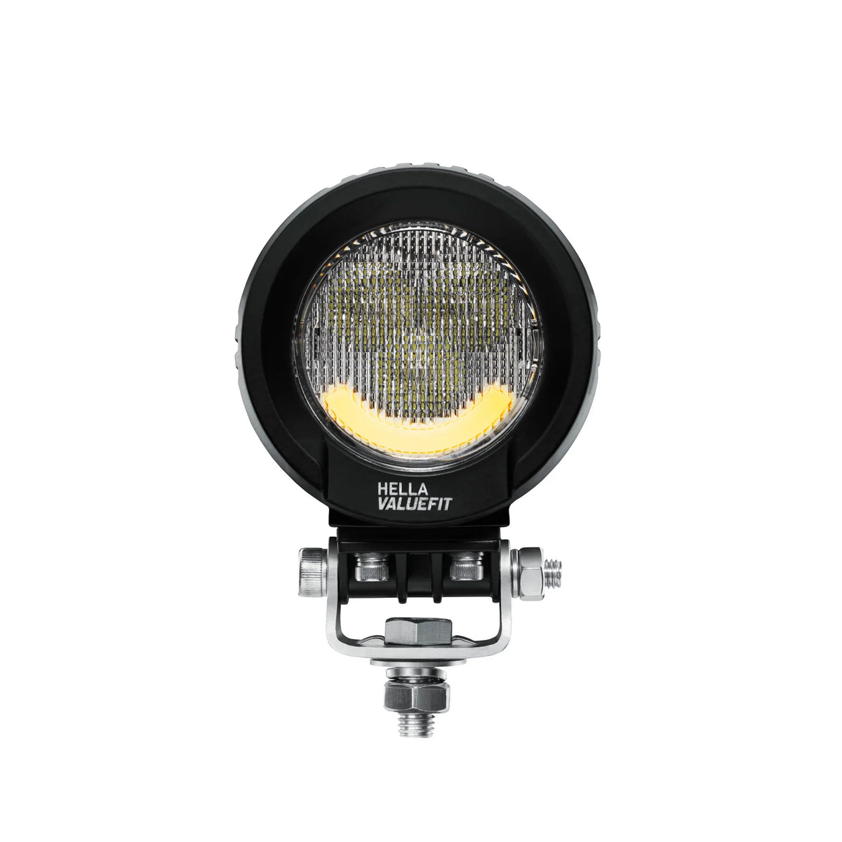 HELLA X-Treme Series LED Driving Lights in amber mode, X-shape position light, rugged aluminum housing, IP69K auxiliary high-beam for off-road