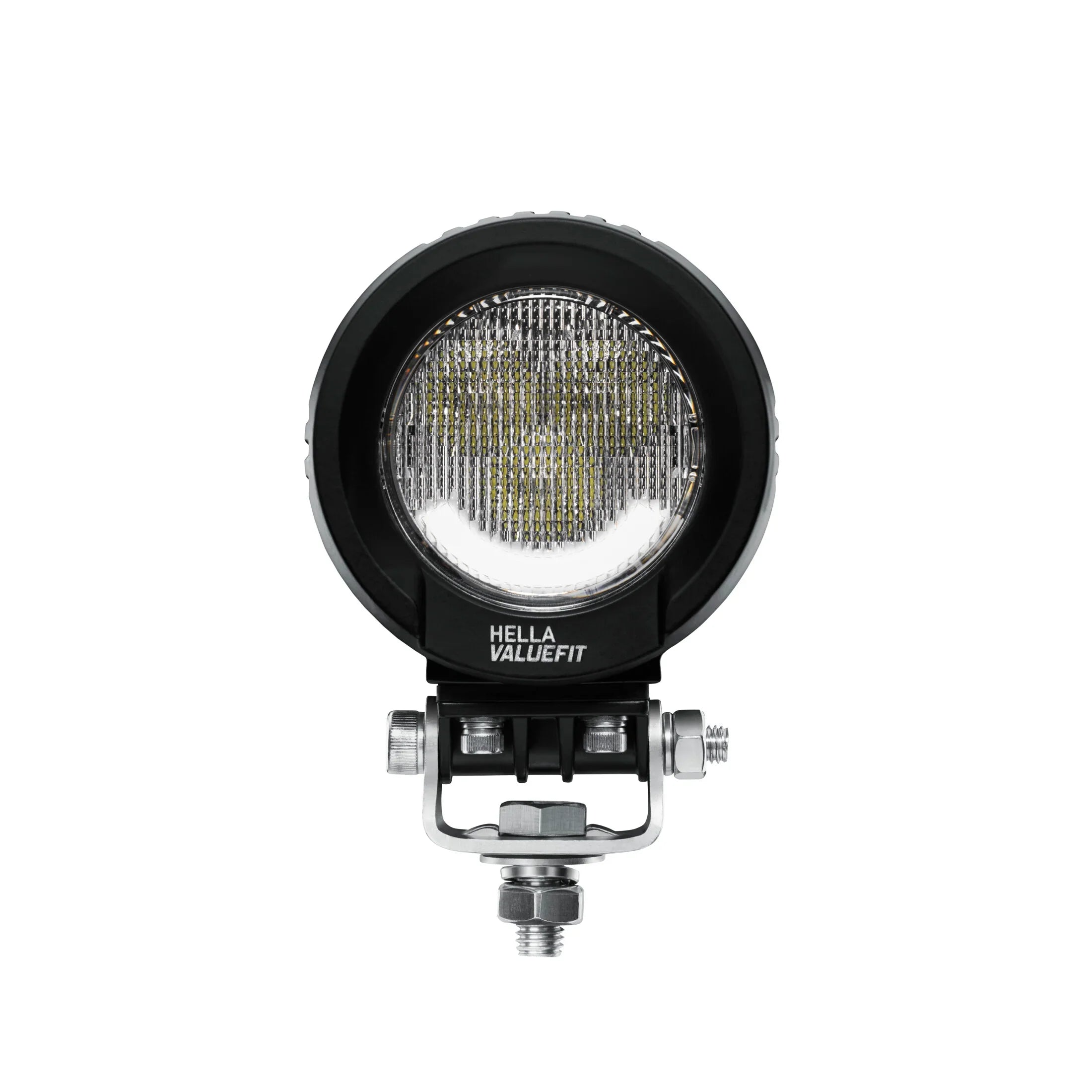 HELLA X-Treme Series LED Driving Lights in white mode with X-shape position light, rugged aluminum housing, IP69K, auxiliary high-beam for off-road.