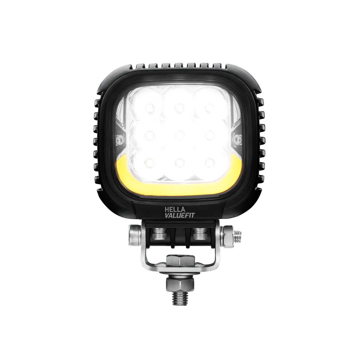 HELLA X-Treme Series LED Driving Lights in white mode with amber X-shape position light, IP69K, rugged aluminum housing, auxiliary high-beam, for off-road