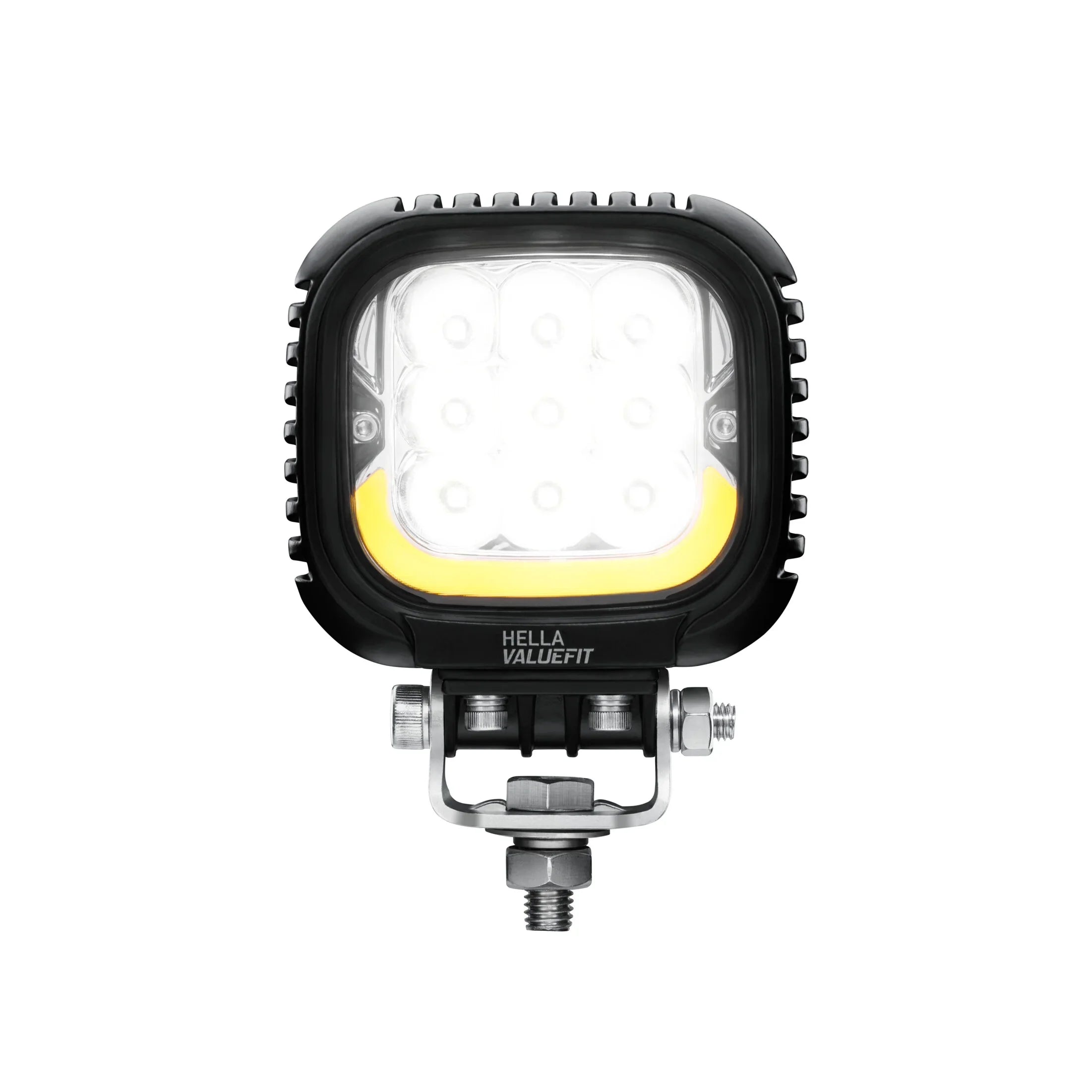 HELLA X-Treme Series LED Driving Lights in white mode with amber X-shape position light, IP69K, rugged aluminum housing, auxiliary high-beam, for off-road