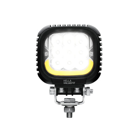 HELLA X-Treme Series LED Driving Lights in white mode with amber X-shape position light, IP69K, rugged aluminum housing, auxiliary high-beam, for off-road