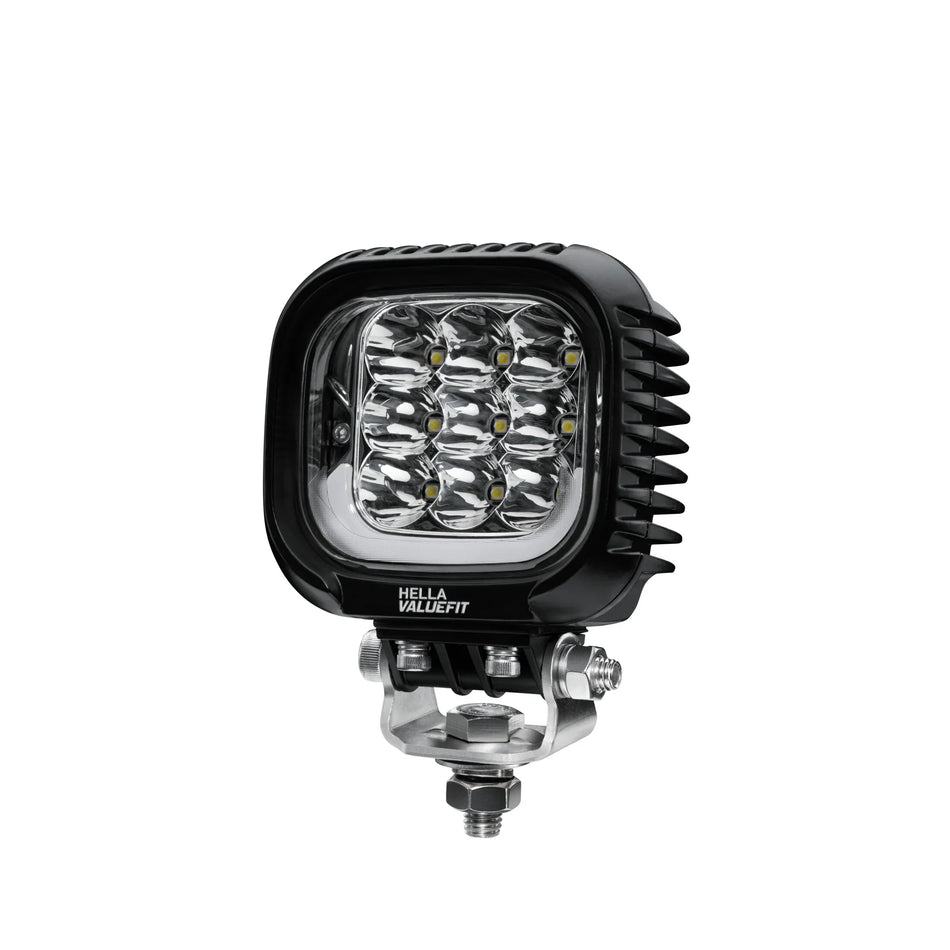 HELLA X-Treme Series IP69K LED Driving Lights in white mode, rugged aluminum housing, clear lens, auxiliary high-beam for off-road