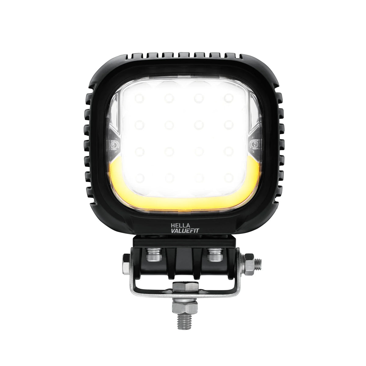HELLA X-Treme Series LED Driving Light in amber mode, X-shape position light, rugged aluminum IP69K housing, auxiliary high-beam, off-road ready.