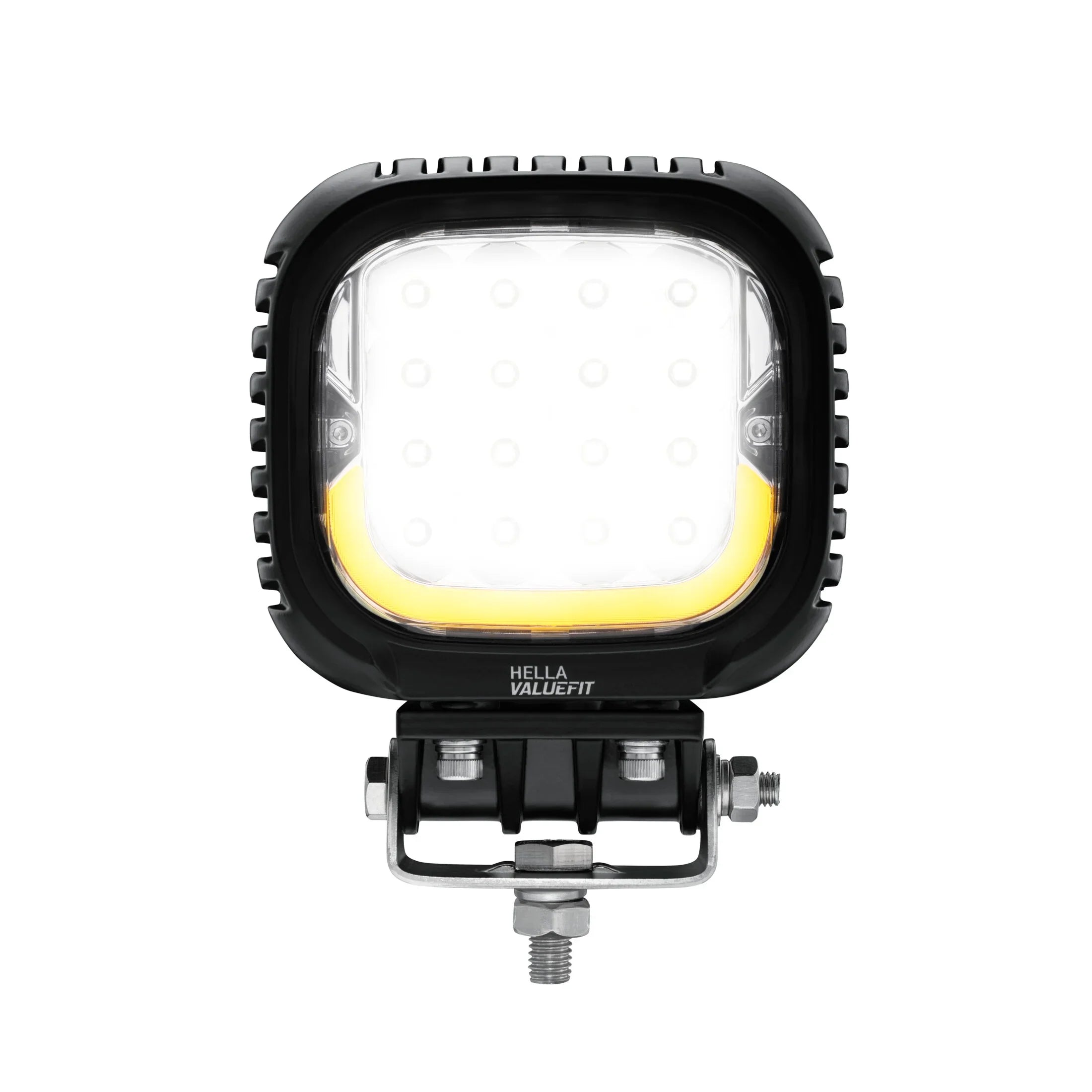 HELLA X-Treme Series LED Driving Light in amber mode, X-shape position light, rugged aluminum IP69K housing, auxiliary high-beam, off-road ready.
