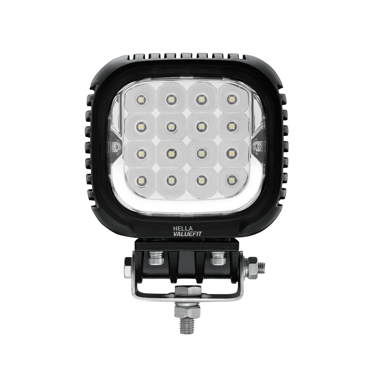 HELLA X-Treme Series LED Driving Lights in white mode, rugged aluminum housing, auxiliary high-beam, IP69K, off-road X-shape position light.