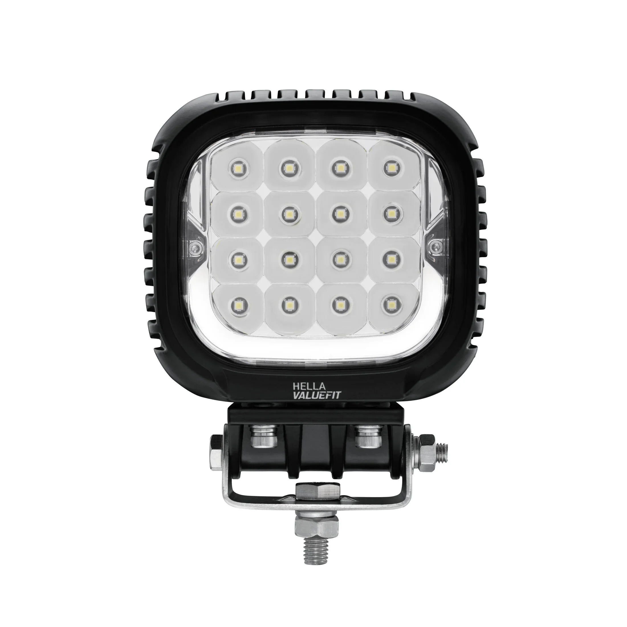HELLA X-Treme Series LED Driving Lights in white mode, rugged aluminum housing, auxiliary high-beam, IP69K, off-road X-shape position light.