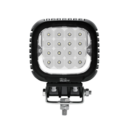 HELLA X-Treme Series LED Driving Lights in white mode, rugged aluminum housing, auxiliary high-beam, IP69K, off-road X-shape position light.