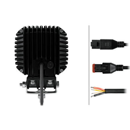 HELLA X-Treme Series LED Driving Lights rugged aluminum housing, IP69K, rear view with wiring, auxiliary high-beam