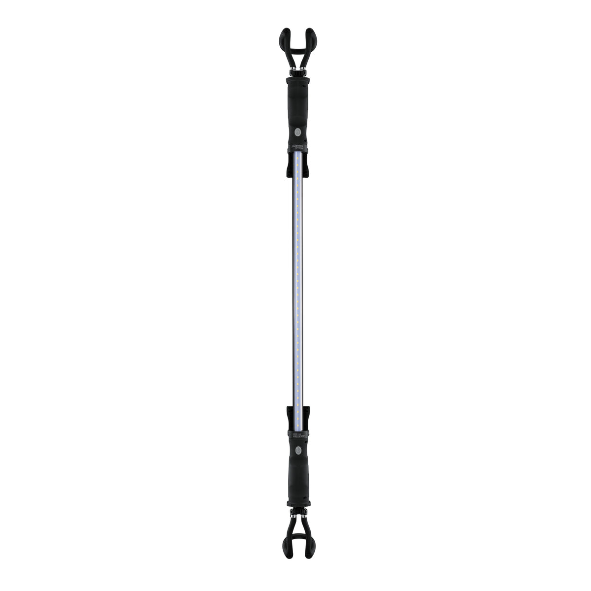 Black and silver handheld work lamp with a long LED light bar and two adjustable end clamps.
