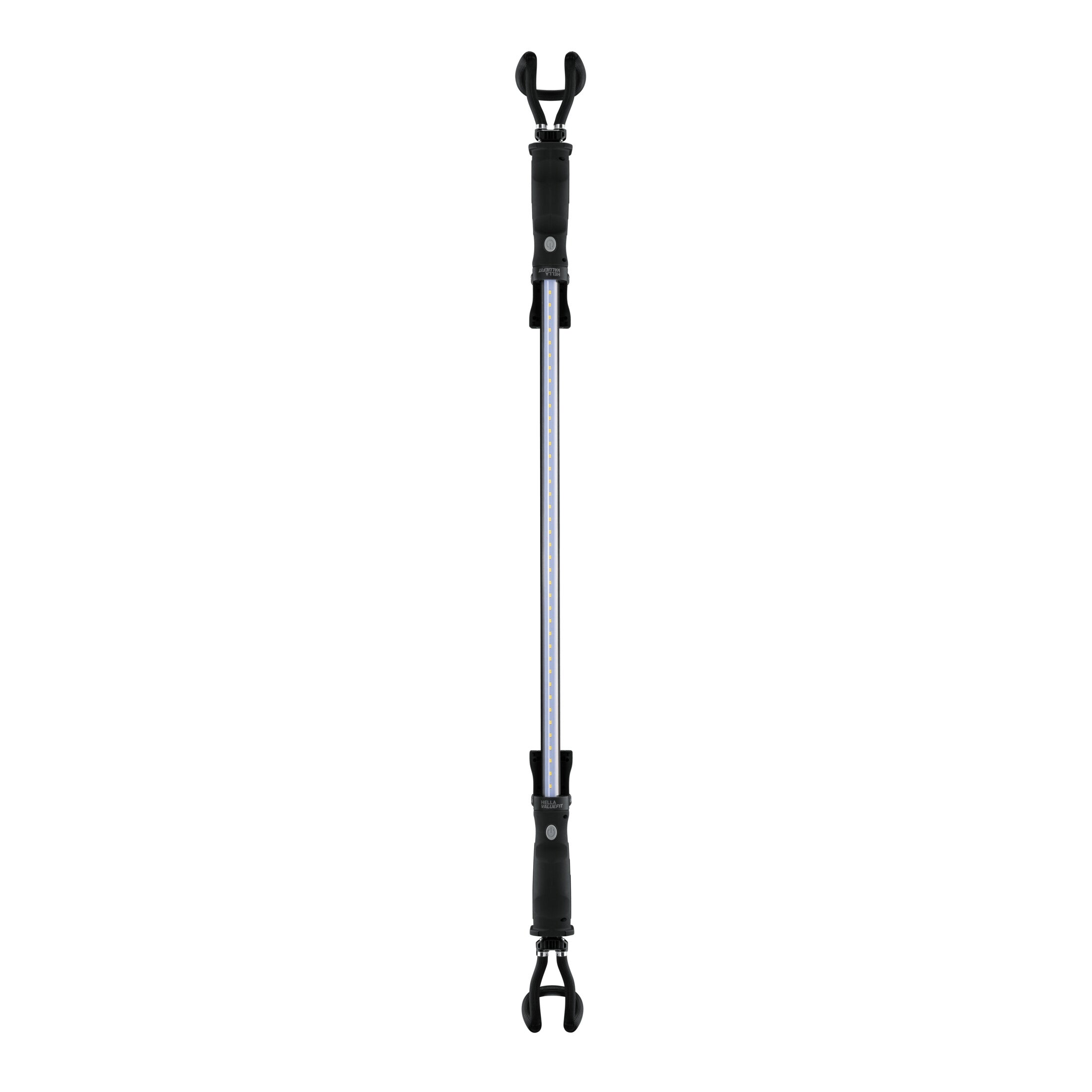 Black and silver handheld work lamp with a long LED light bar and two adjustable end clamps.